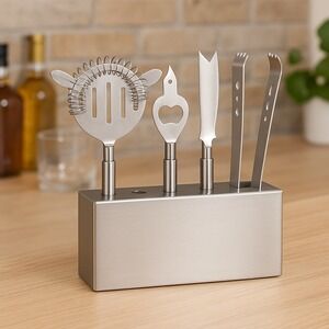 New Stainless Steel Bar Tool Set w/ Stand – Strainer, Knife,‎ Opener & Ice Tongs
